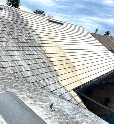 Eco-Friendly-Roof-Cleaning-Before-After Pressure washed roof before and after